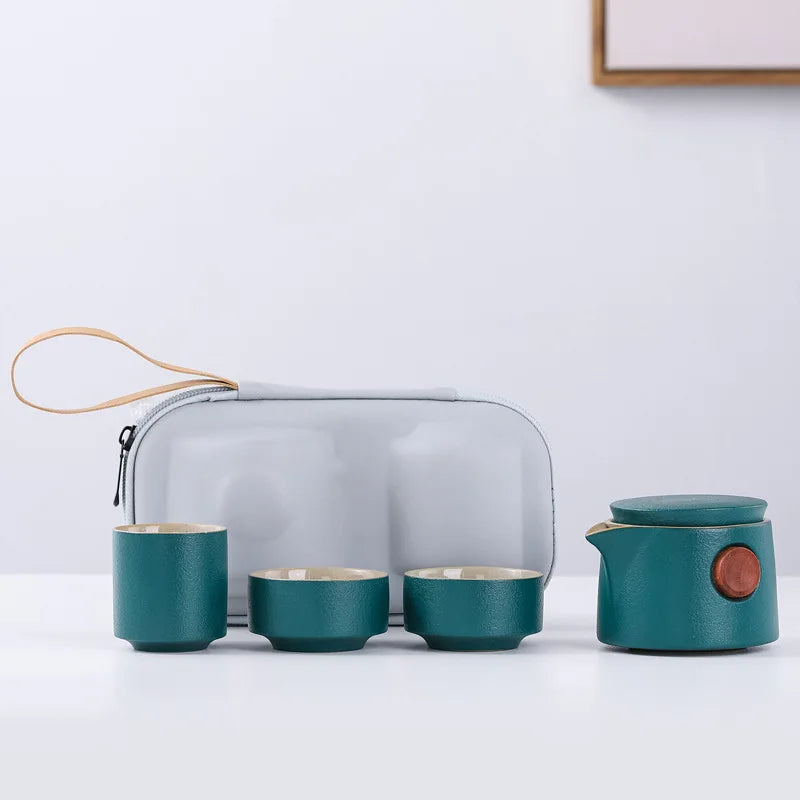 Chinese Style Travel Tea Set with Carrying Bag Ceramic Glaze Teapot 1 Pot 3 Cups Outdoor Camping Teapot Kung Fu Tea Cup Set