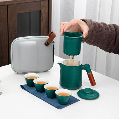 Chinese Style Travel Tea Set with Carrying Bag Ceramic Glaze Teapot 1 Pot 4 Cups Outdoor Camping Teapot Kung Fu Tea Cup Set