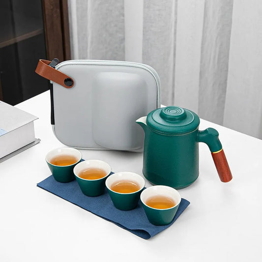 Chinese Style Travel Tea Set with Carrying Bag Ceramic Glaze Teapot 1 Pot 4 Cups Outdoor Camping Teapot Kung Fu Tea Cup Set