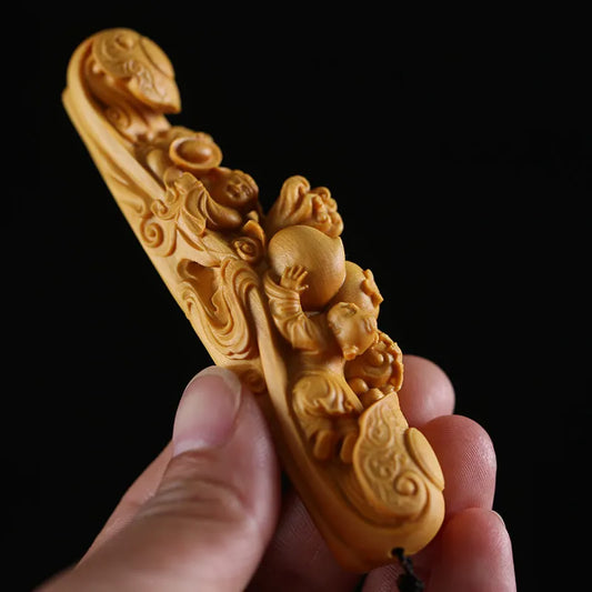 Chinese Style Wood Ruyi Carved Wood Statue Sculpture Retro Miniature Boxwood Decoration Crafts Art Decor