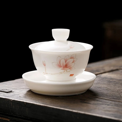 Chinese Suet Jade White Porcelain Gaiwan Handmade Ceramic Teacup Travel Tea Bowl Home Teaware Accessories Drinkware 150ml