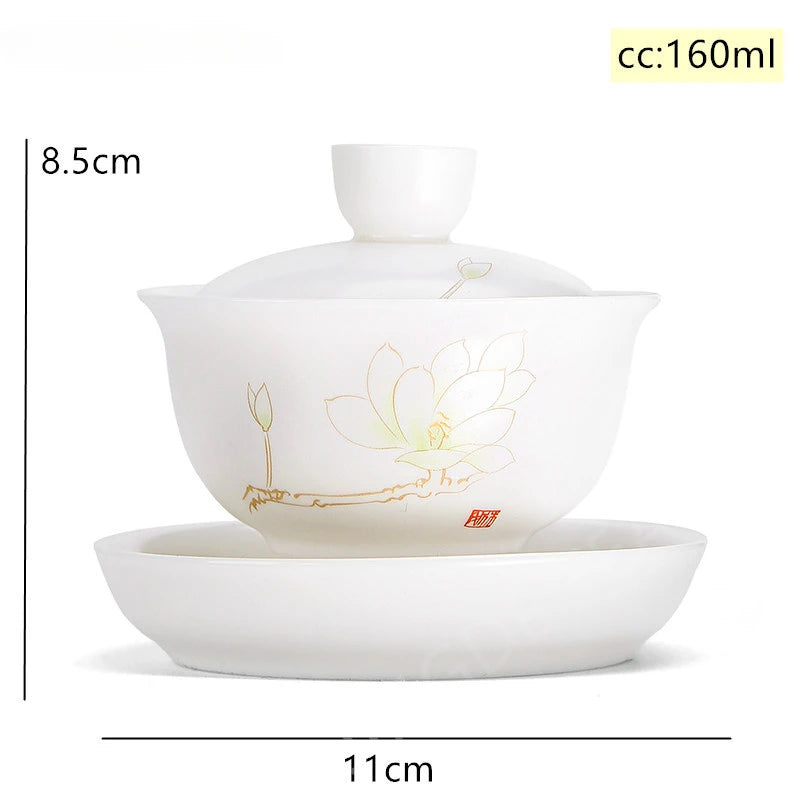 Chinese Suet Jade White Porcelain Gaiwan Handmade Ceramic Teacup Travel Tea Bowl Home Teaware Accessories Drinkware 150ml