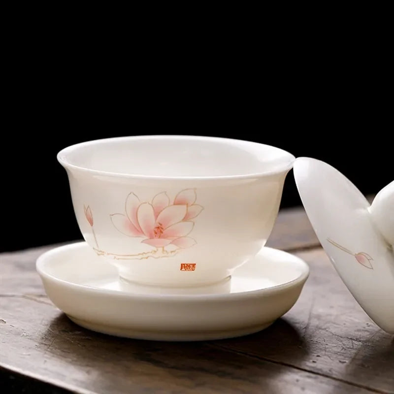 Chinese Suet Jade White Porcelain Gaiwan Handmade Ceramic Teacup Travel Tea Bowl Home Teaware Accessories Drinkware 150ml