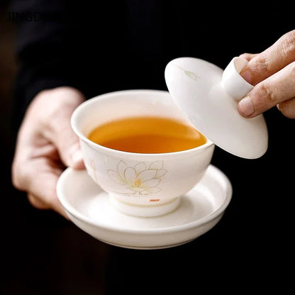Chinese Suet Jade White Porcelain Gaiwan Handmade Ceramic Teacup Travel Tea Bowl Home Teaware Accessories Drinkware 150ml
