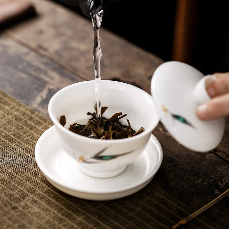 Chinese Suet Jade White Porcelain Gaiwan Handmade Ceramic Teacup Travel Tea Bowl Home Teaware Accessories Drinkware 150ml