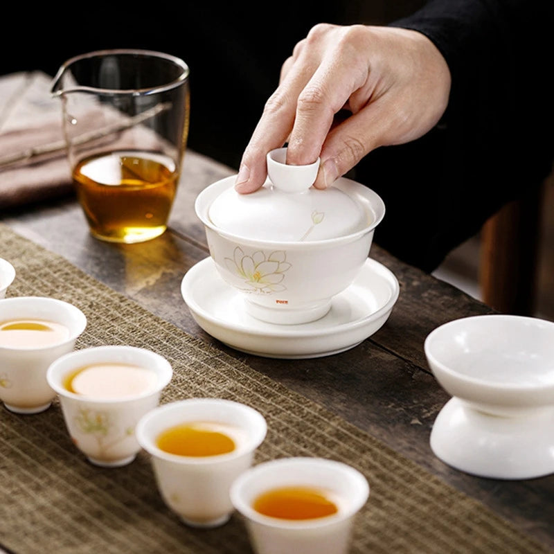 Chinese Suet Jade White Porcelain Gaiwan Handmade Ceramic Teacup Travel Tea Bowl Home Teaware Accessories Drinkware 150ml