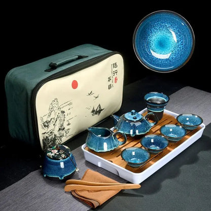 Chinese Tea Set Blue Amber Glaze Ceramic Jingdezhen temmoku glaze Exquisite Set Kung Fu Tea Cup portable Teapot Gaiwan Tea Cups