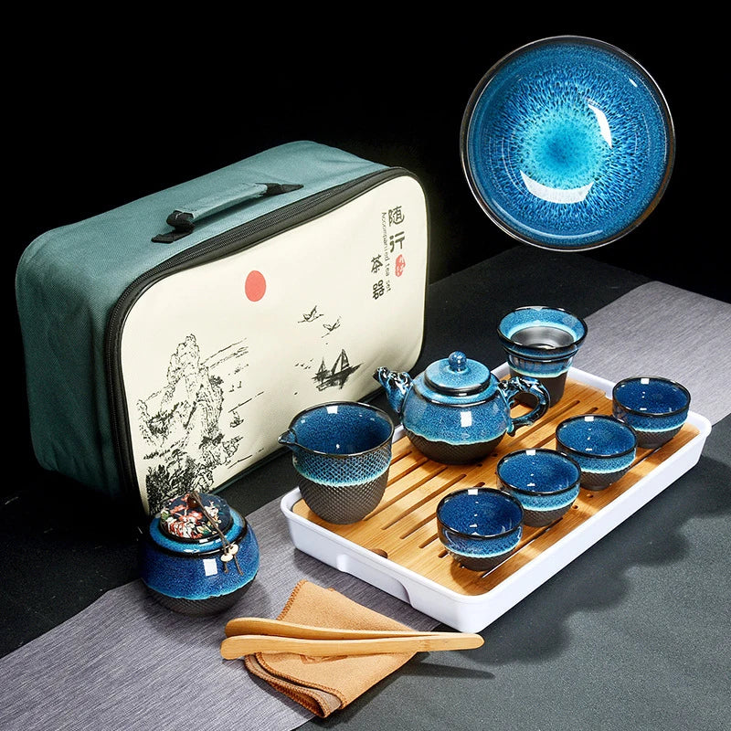 Chinese Tea Set Blue Amber Glaze Ceramic Jingdezhen temmoku glaze Exquisite Set Kung Fu Tea Cup portable Teapot Gaiwan Tea Cups