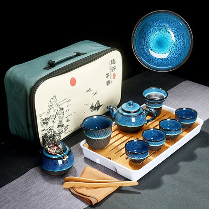 Chinese Tea Set Blue Amber Glaze Ceramic Jingdezhen temmoku glaze Exquisite Set Kung Fu Tea Cup portable Teapot Gaiwan Tea Cups