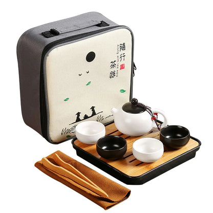 Chinese Tea Set Portable Travel Kung Fu Tea Set Ceramic Teapot Teaset Gaiwan Tea Cup Tea Pot &Travel Bag Tea Caddy Coffee Pot