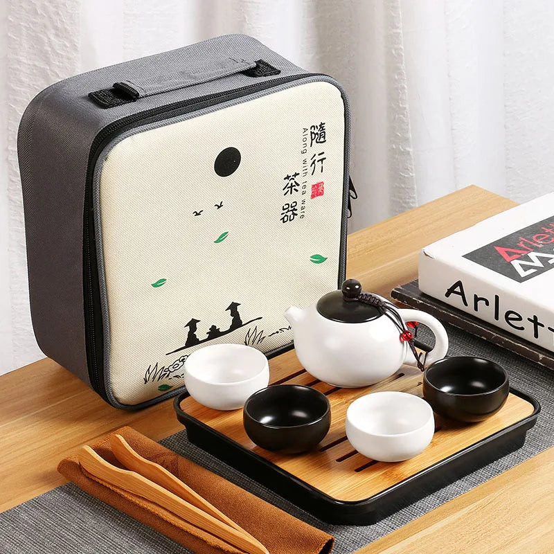Chinese Tea Set Portable Travel Kung Fu Tea Set Ceramic Teapot Teaset Gaiwan Tea Cup Tea Pot &Travel Bag Tea Caddy Coffee Pot