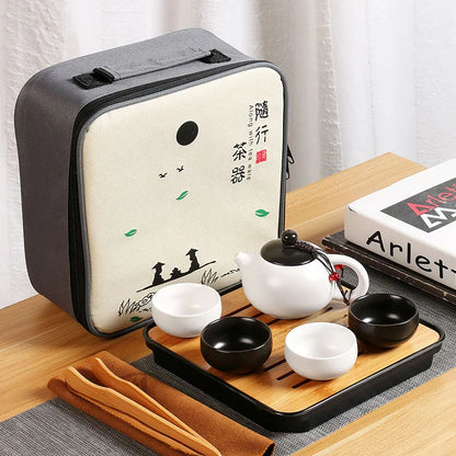 Chinese Tea Set Portable Travel Kung Fu Tea Set Ceramic Teapot Teaset Gaiwan Tea Cup Tea Pot &Travel Bag Tea Caddy Coffee Pot