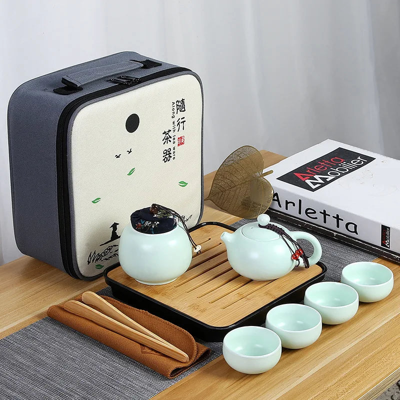 Chinese Tea Set Portable Travel Kung Fu Tea Set Ceramic Teapot Teaset Gaiwan Tea Cup Tea Pot &Travel Bag Tea Caddy Coffee Pot