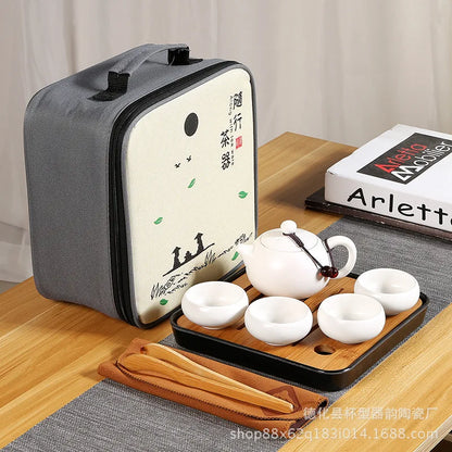 Chinese Tea Set Portable Travel Kung Fu Tea Set Ceramic Teapot Teaset Gaiwan Tea Cup Tea Pot &Travel Bag Tea Caddy Coffee Pot