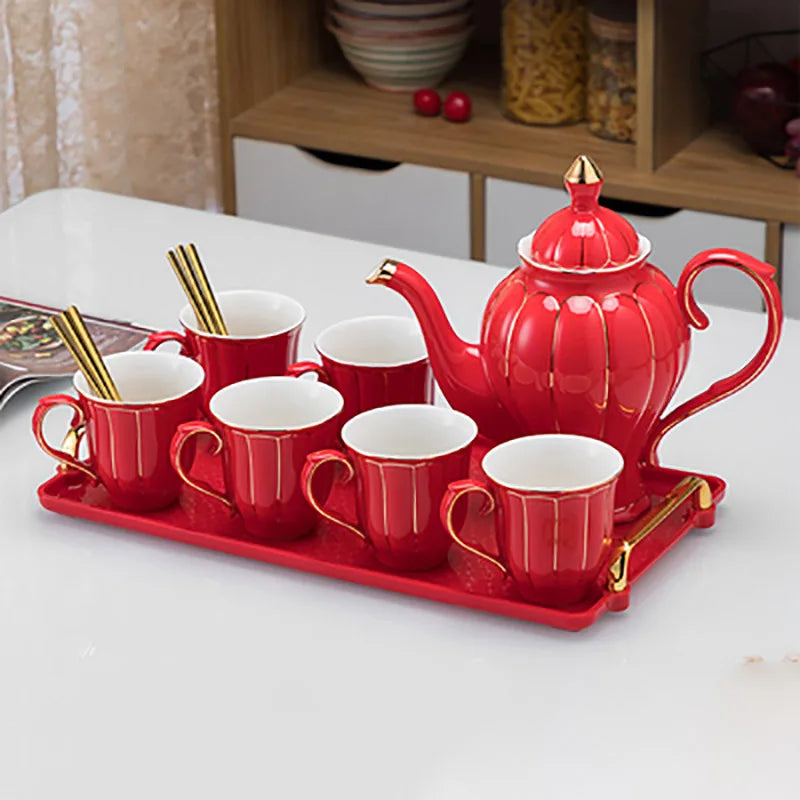 Chinese Tea Set luxury Porcelain Pot and Cup Coffee Mugs For Home Household Office Traditional Red Wedding Souvenir Gifts