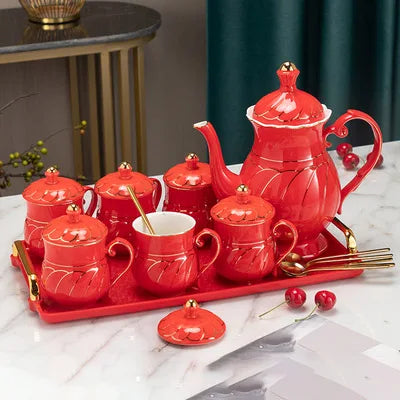 Chinese Tea Set luxury Porcelain Pot and Cup Coffee Mugs For Home Household Office Traditional Red Wedding Souvenir Gifts