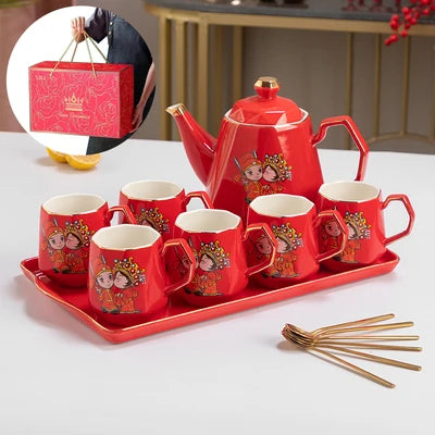 Chinese Tea Set luxury Porcelain Pot and Cup Coffee Mugs For Home Household Office Traditional Red Wedding Souvenir Gifts
