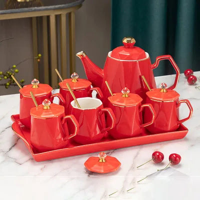Chinese Tea Set luxury Porcelain Pot and Cup Coffee Mugs For Home Household Office Traditional Red Wedding Souvenir Gifts