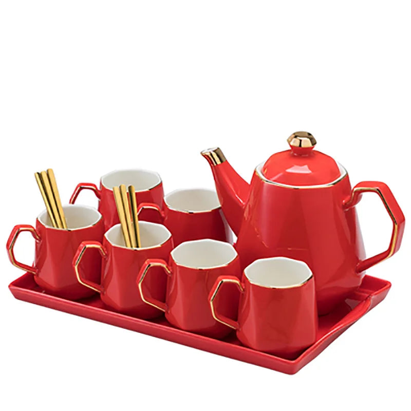 Chinese Tea Set luxury Porcelain Pot and Cup Coffee Mugs For Home Household Office Traditional Red Wedding Souvenir Gifts