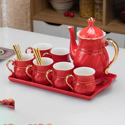 Chinese Tea Set luxury Porcelain Pot and Cup Coffee Mugs For Home Household Office Traditional Red Wedding Souvenir Gifts