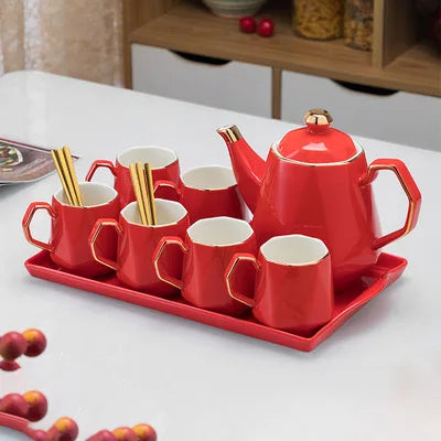 Chinese Tea Set luxury Porcelain Pot and Cup Coffee Mugs For Home Household Office Traditional Red Wedding Souvenir Gifts