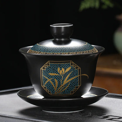 Chinese Teaset Classical Gaiwan Tea Cups Black Clay Tureen 180ml Lid Bowl Saucer Traditional Handmade Tea Brew Tea Cup