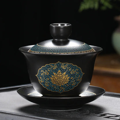 Chinese Teaset Classical Gaiwan Tea Cups Black Clay Tureen 180ml Lid Bowl Saucer Traditional Handmade Tea Brew Tea Cup