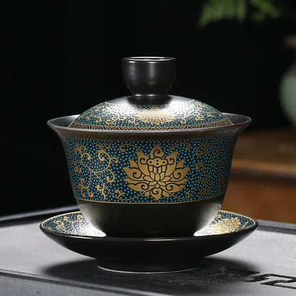 Chinese Teaset Classical Gaiwan Tea Cups Black Clay Tureen 180ml Lid Bowl Saucer Traditional Handmade Tea Brew Tea Cup