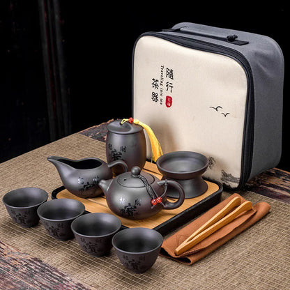 Chinese Teawere Retro Designer Cool Purple Sand Ceramic Teapot Set Travel Kong Fu Tea Kit Gift Porcelain Purple Sand Pot Infuser