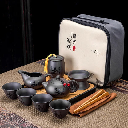 Chinese Teawere Retro Designer Cool Purple Sand Ceramic Teapot Set Travel Kong Fu Tea Kit Gift Porcelain Purple Sand Pot Infuser