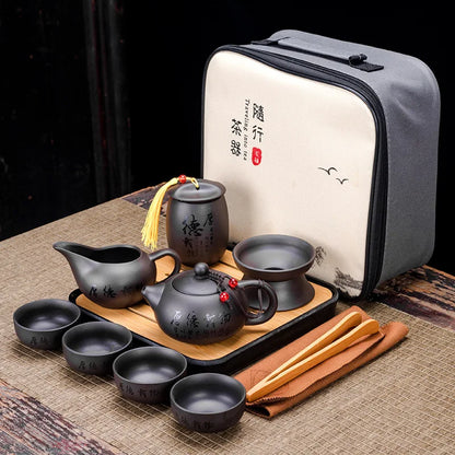 Chinese Teawere Retro Designer Cool Purple Sand Ceramic Teapot Set Travel Kong Fu Tea Kit Gift Porcelain Purple Sand Pot Infuser