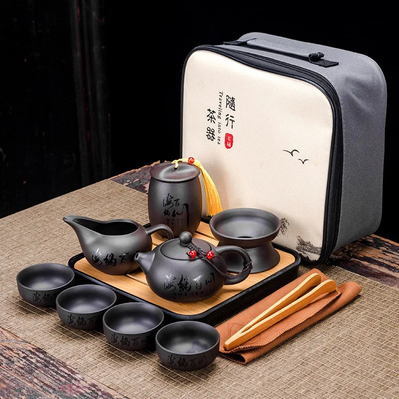 Chinese Teawere Retro Designer Cool Purple Sand Ceramic Teapot Set Travel Kong Fu Tea Kit Gift Porcelain Purple Sand Pot Infuser