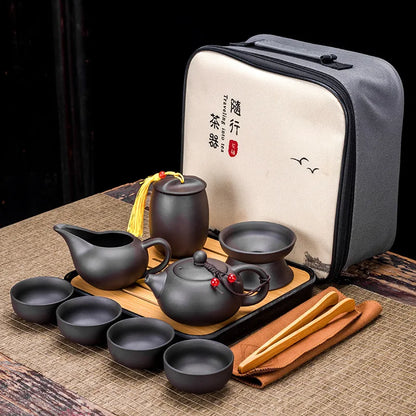 Chinese Teawere Retro Designer Cool Purple Sand Ceramic Teapot Set Travel Kong Fu Tea Kit Gift Porcelain Purple Sand Pot Infuser