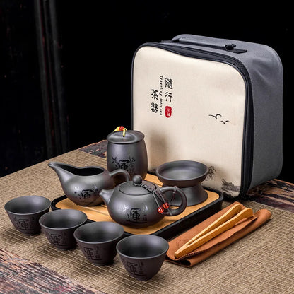 Chinese Teawere Retro Designer Cool Purple Sand Ceramic Teapot Set Travel Kong Fu Tea Kit Gift Porcelain Purple Sand Pot Infuser