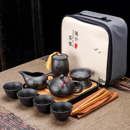 Chinese Teawere Retro Designer Cool Purple Sand Ceramic Teapot Set Travel Kong Fu Tea Kit Gift Porcelain Purple Sand Pot Infuser