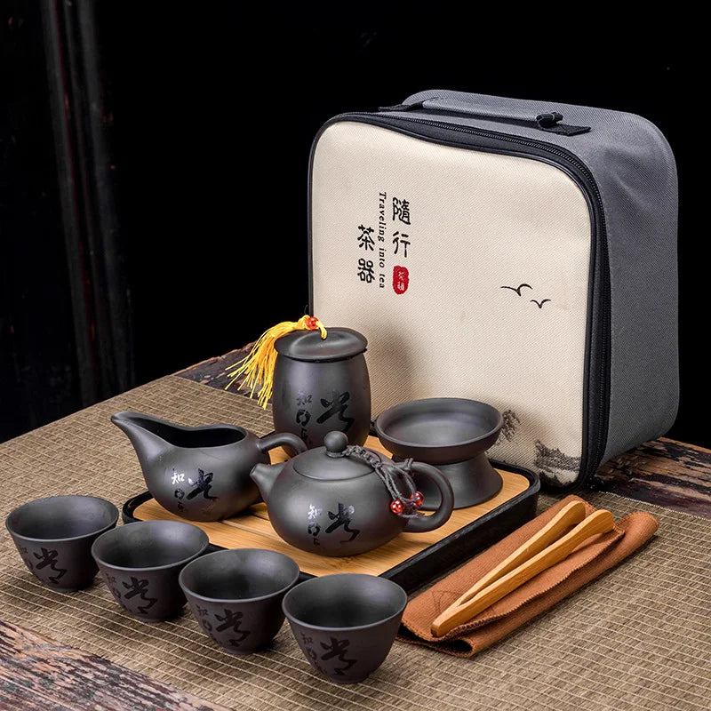 Chinese Teawere Retro Designer Cool Purple Sand Ceramic Teapot Set Travel Kong Fu Tea Kit Gift Porcelain Purple Sand Pot Infuser