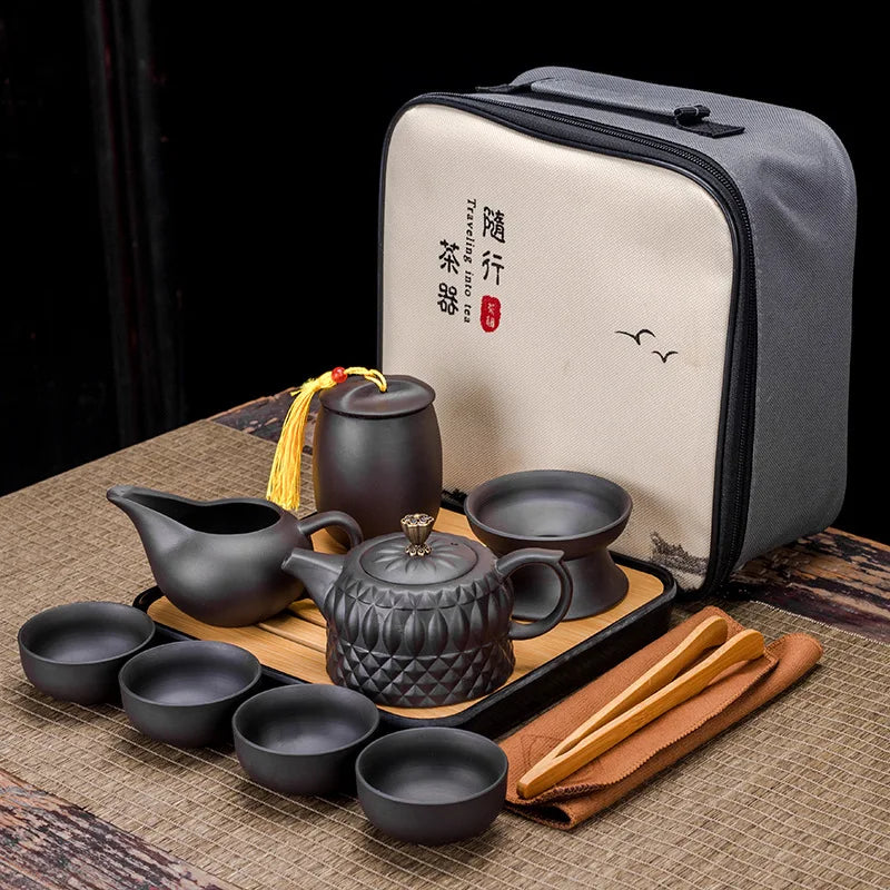 Chinese Teawere Retro Designer Cool Purple Sand Ceramic Teapot Set Travel Kong Fu Tea Kit Gift Porcelain Purple Sand Pot Infuser
