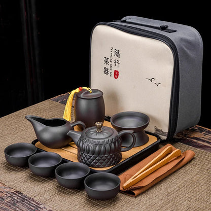 Chinese Teawere Retro Designer Cool Purple Sand Ceramic Teapot Set Travel Kong Fu Tea Kit Gift Porcelain Purple Sand Pot Infuser