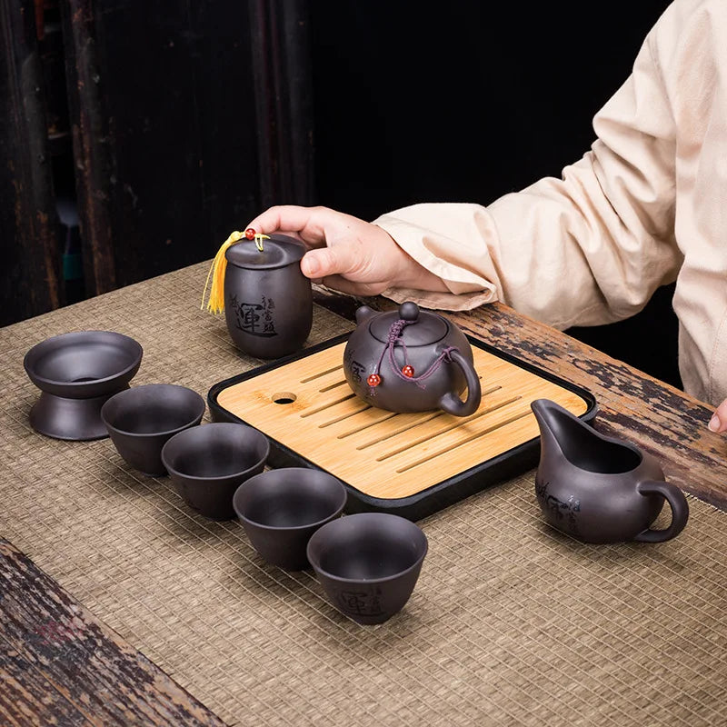 Chinese Teawere Retro Designer Cool Purple Sand Ceramic Teapot Set Travel Kong Fu Tea Kit Gift Porcelain Purple Sand Pot Infuser