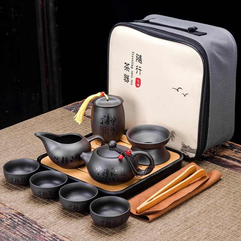 Chinese Teawere Retro Designer Cool Purple Sand Ceramic Teapot Set Travel Kong Fu Tea Kit Gift Porcelain Purple Sand Pot Infuser