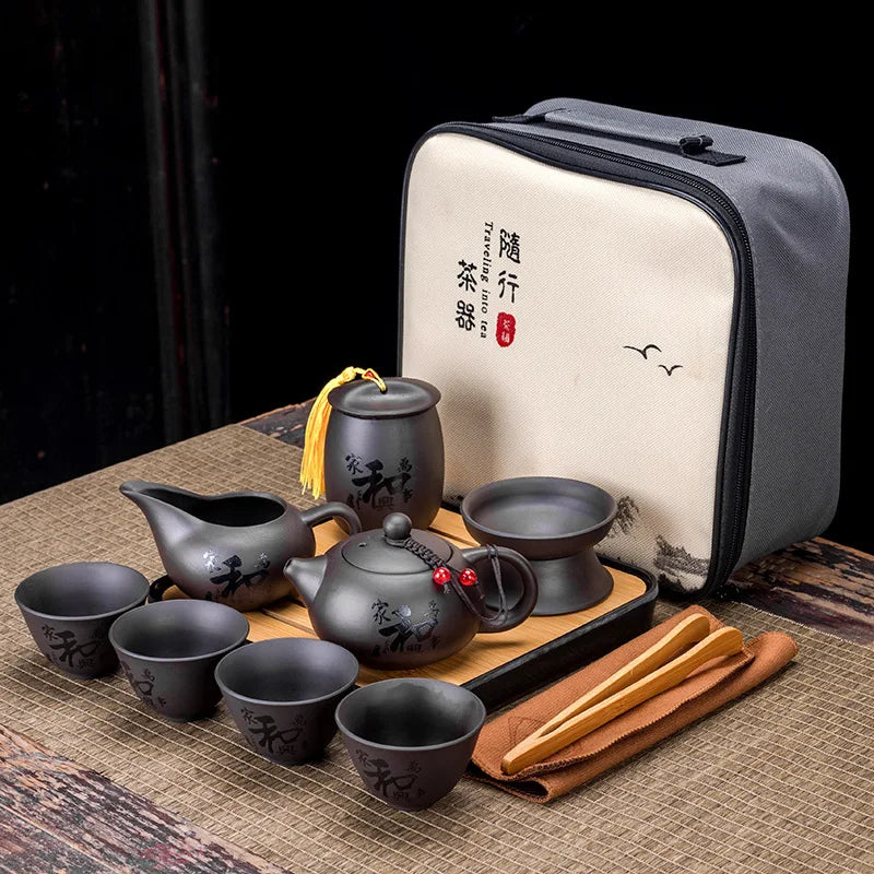 Chinese Teawere Retro Designer Cool Purple Sand Ceramic Teapot Set Travel Kong Fu Tea Kit Gift Porcelain Purple Sand Pot Infuser