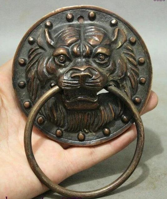 Chinese Temple Bronze Guard Copper Lion Fu Foo Dog Statue Door Holder Knocker
