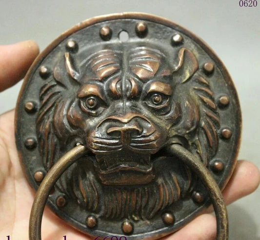 Chinese Temple Bronze Guard Copper Lion Fu Foo Dog Statue Door Holder Knocker