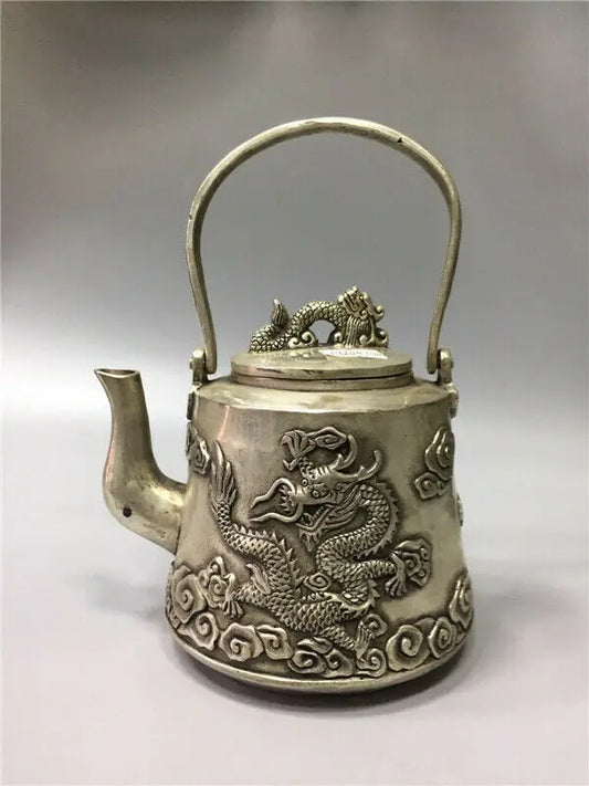 Chinese Tibet Silver Copper Handwork Carved Dragon Teapot W Daming Xuande Mark