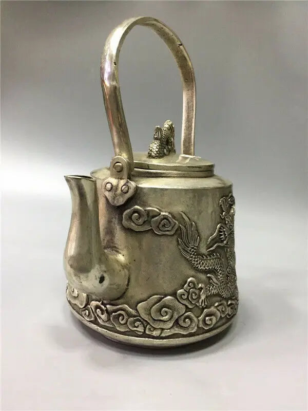Chinese Tibet Silver Copper Handwork Carved Dragon Teapot W Daming Xuande Mark
