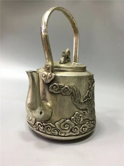 Chinese Tibet Silver Copper Handwork Carved Dragon Teapot W Daming Xuande Mark