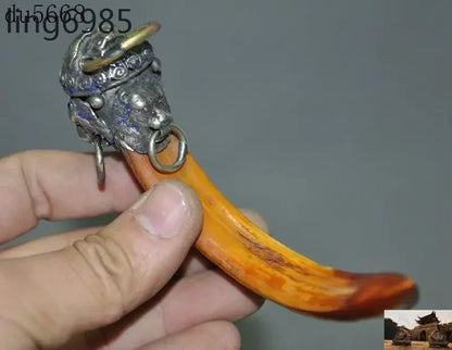 Chinese Tibet silver Cloisonne foo dog lion head Mosaic Wild boar Tooth pendant