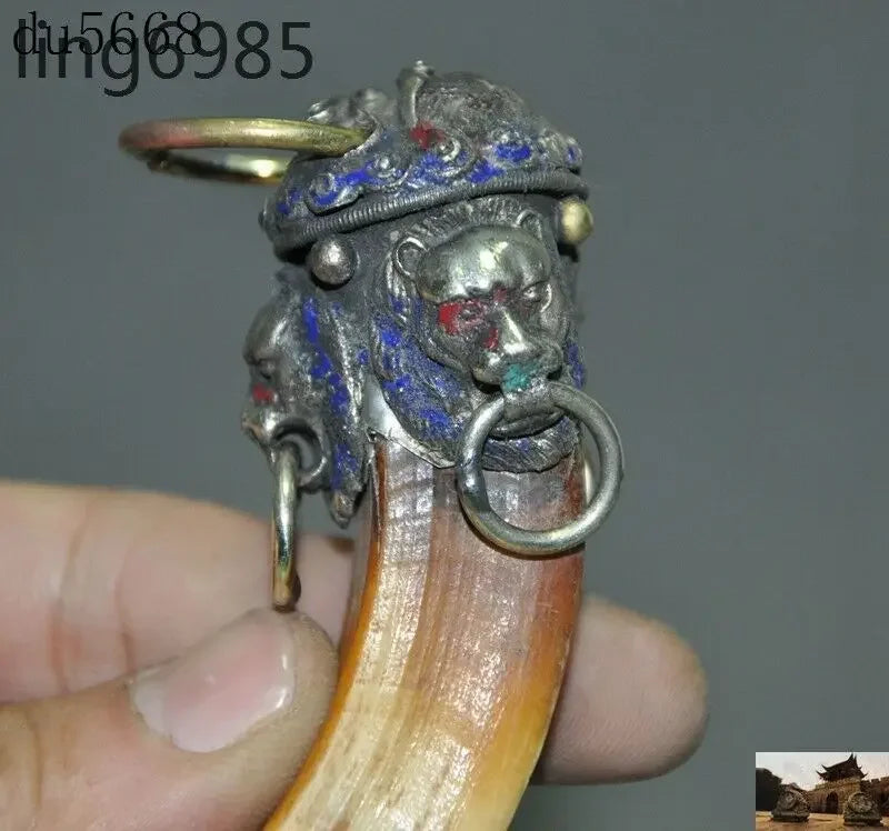 Chinese Tibet silver Cloisonne foo dog lion head Mosaic Wild boar Tooth pendant