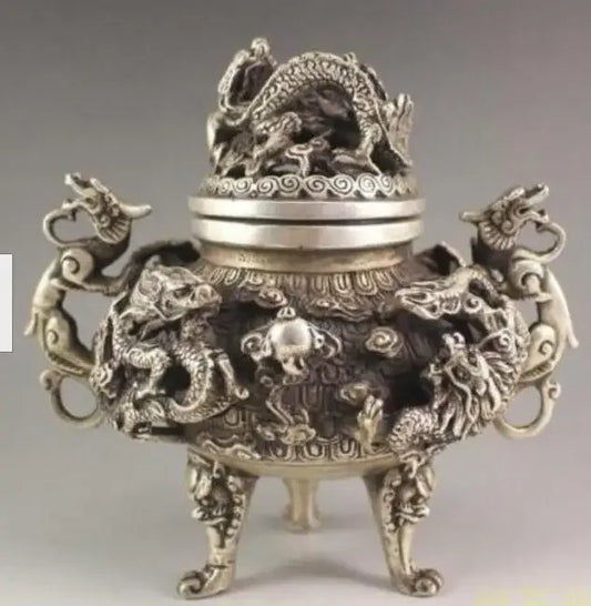 Chinese Tibet silver Nine Dragons Incense Burner Statue Qianlong Mark