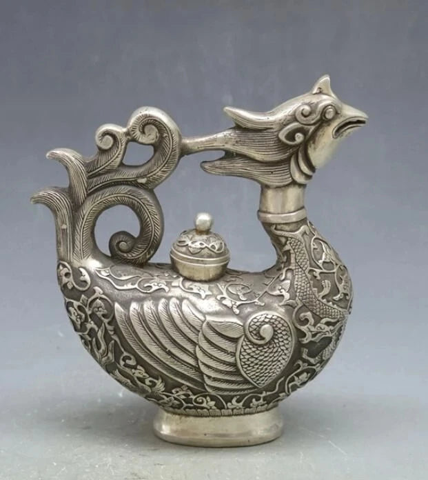 Chinese Tibet silver Phoenix bird Wine Tea Pot Flagon Claret Jug Statue